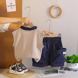 Boys Beige Sleeveless Polo-T-Shirt With Cargo Shorts Sets Sets