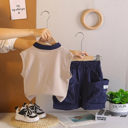 Boys Beige Sleeveless Polo-T-Shirt With Cargo Shorts Sets Sets
