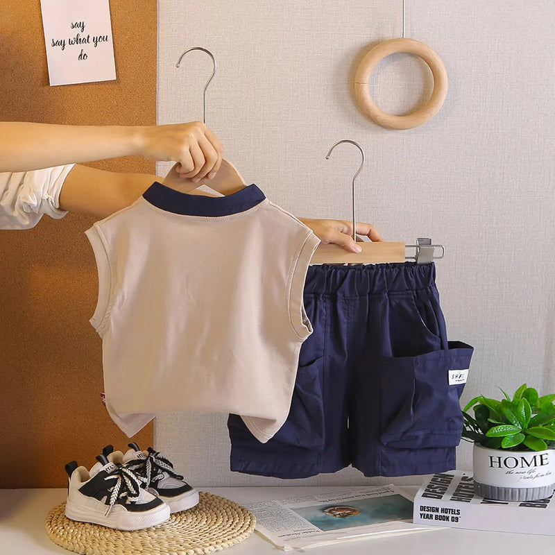 Boys Beige Sleeveless Polo-T-Shirt With Cargo Shorts Sets Sets