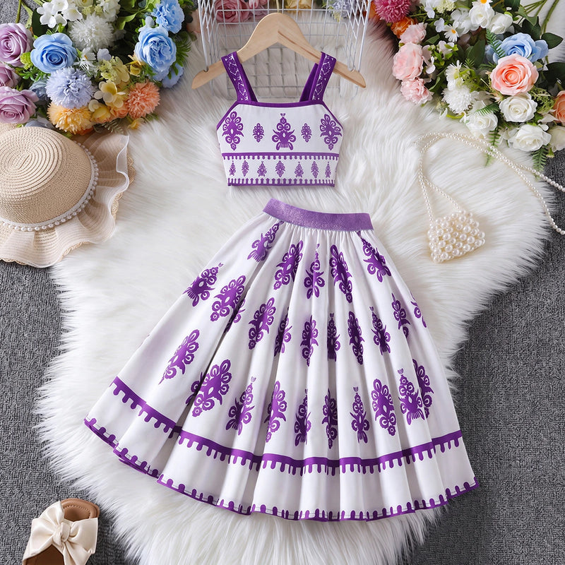 Girls Purple Ethnic Print Sleeveless Top With Skirt Sets 2 pc. Sets Purple 7-8 Y
