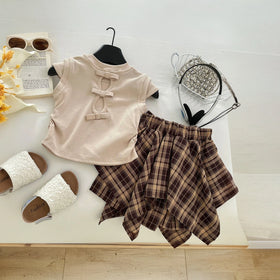 Girls Beige Bow Embroidered Cap Sleeve Top With Checked Skirt Sets 2 pc. Sets