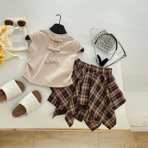 Girls Beige Bow Embroidered Cap Sleeve Top With Checked Skirt Sets 2 pc. Sets