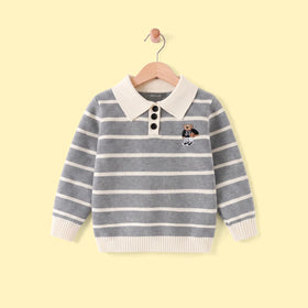 Boys Grey Polo Collar Sweatshirt With Self Design Stripe Patterns Sweaters & Cardigans Grey 2-3 Y