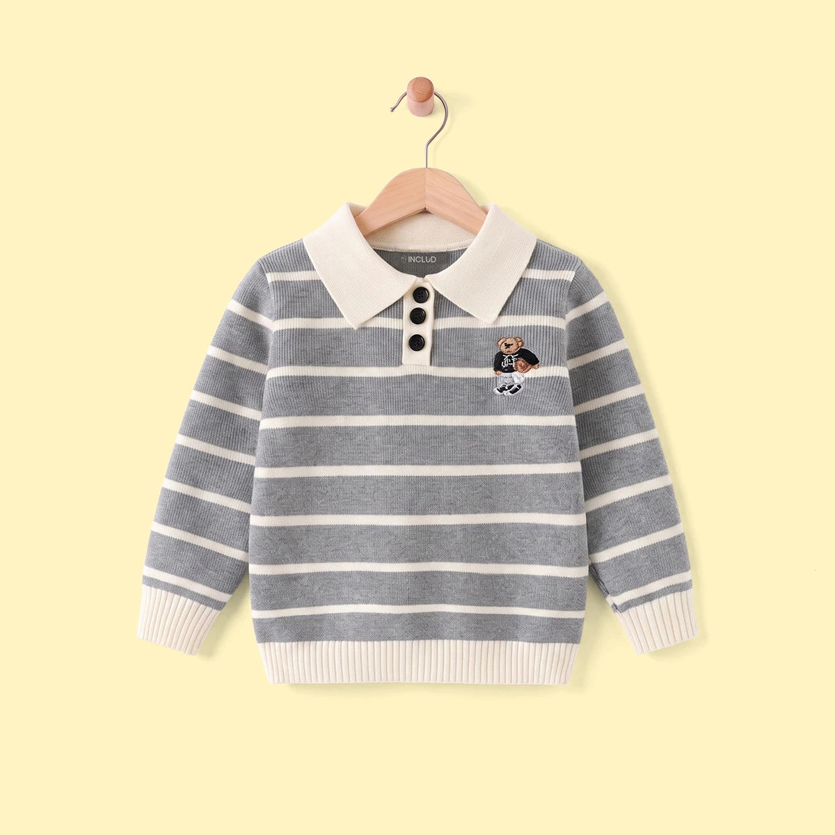 Boys Grey Polo Collar Sweatshirt With Self Design Stripe Patterns Sweaters & Cardigans Grey 2-3 Y