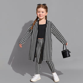 Girls Black Houndstooth Print Long Cardigan with Leggings & Spaghetti Top Set Sets