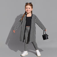 Girls Black Houndstooth Print Long Cardigan with Leggings & Spaghetti Top Set Sets