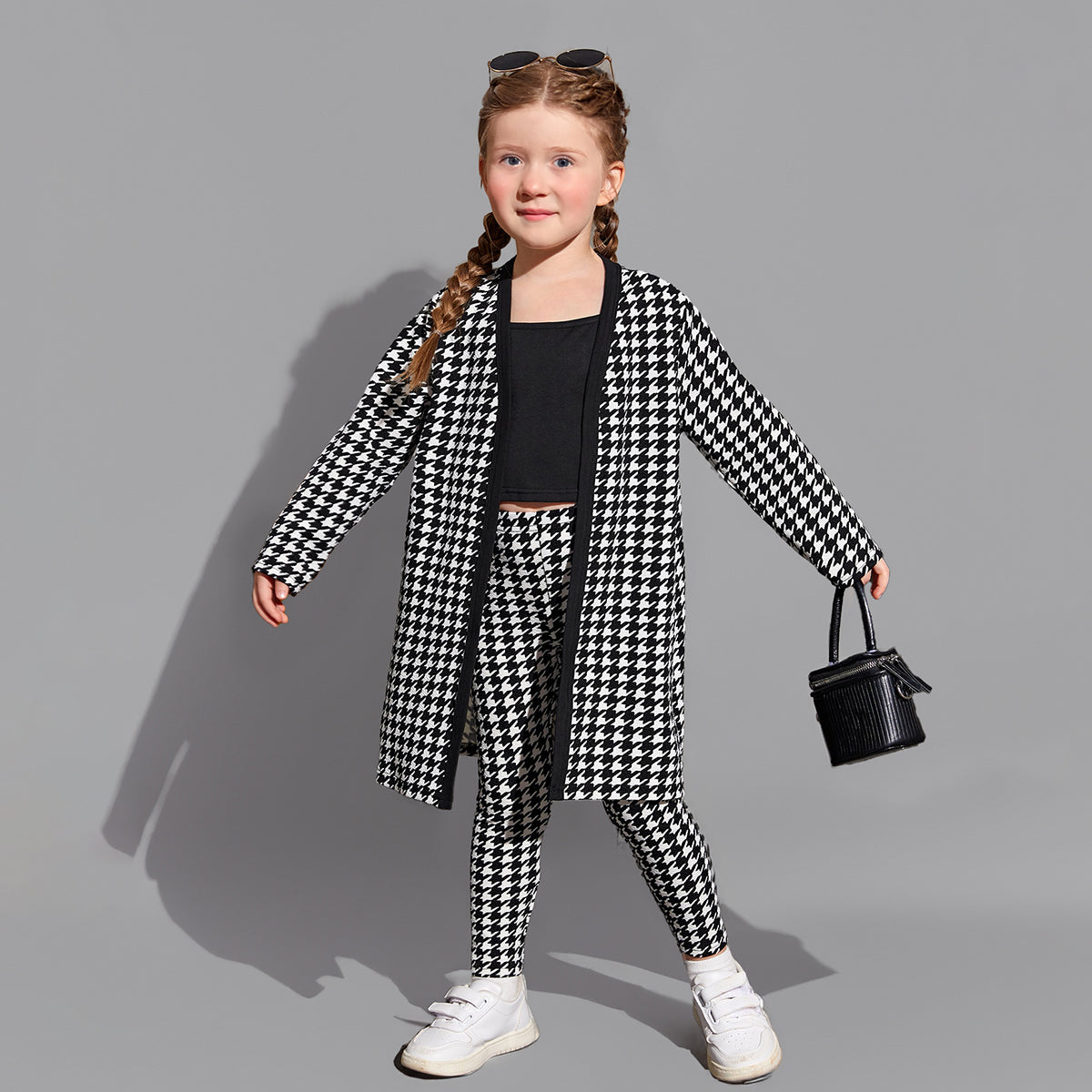 Girls Black Houndstooth Print Long Cardigan with Leggings & Spaghetti Top Set Sets