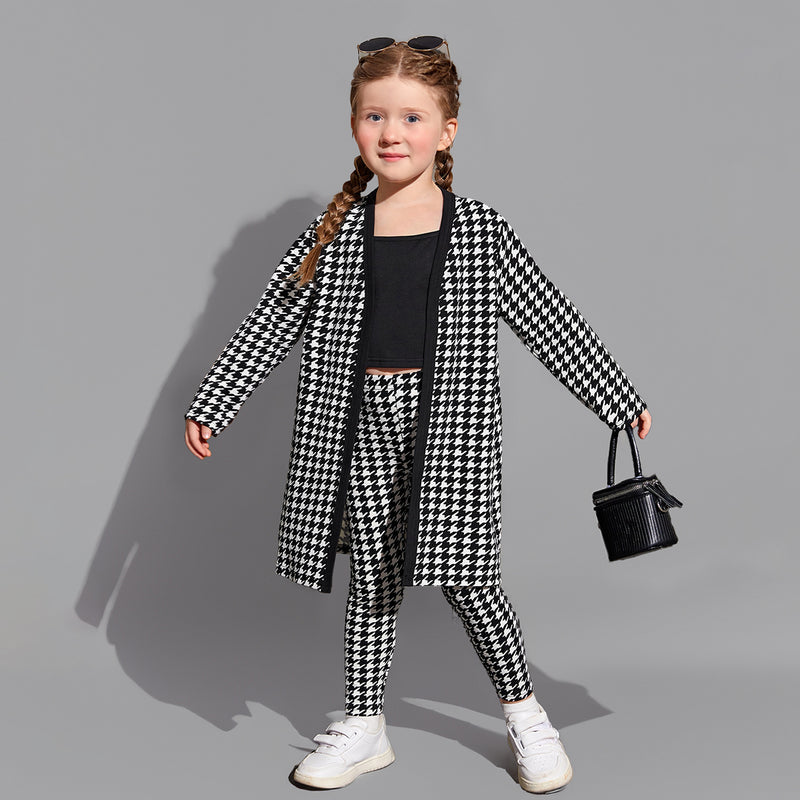 Girls Black Houndstooth Print Long Cardigan with Leggings & Spaghetti Top Set Sets