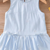 Girls Light Blue Bow Print Sleeveless Balloon Dress Casual Dresses
