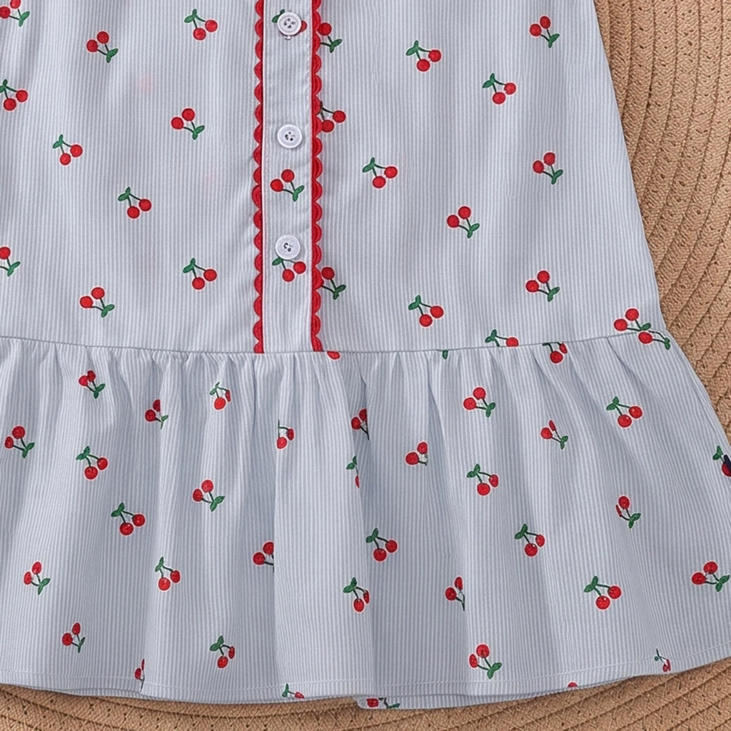 Girls Light Blue Cherry Print Peter Pan Collar Dress Casual Dresses