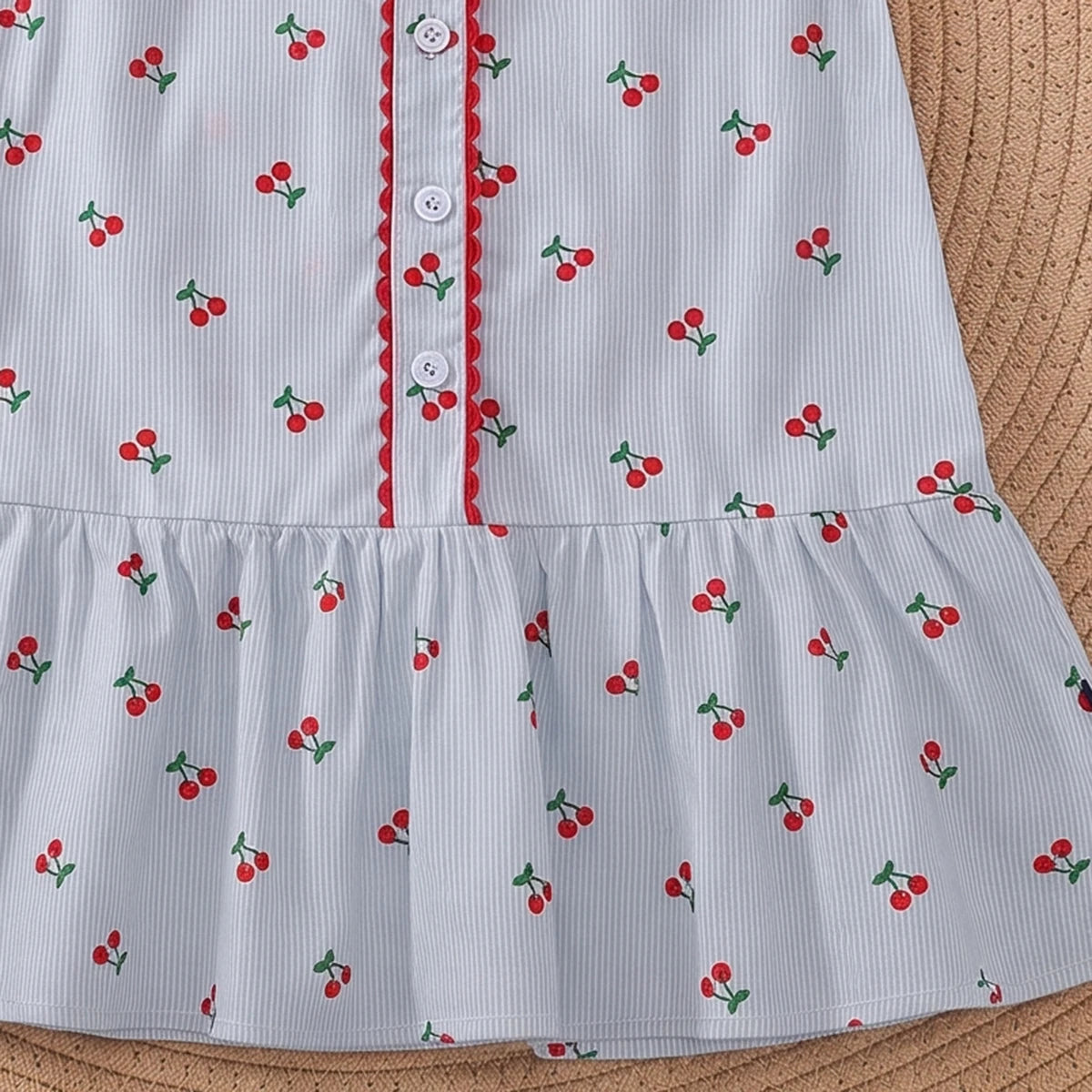 Girls Light Blue Cherry Print Peter Pan Collar Dress Casual Dresses