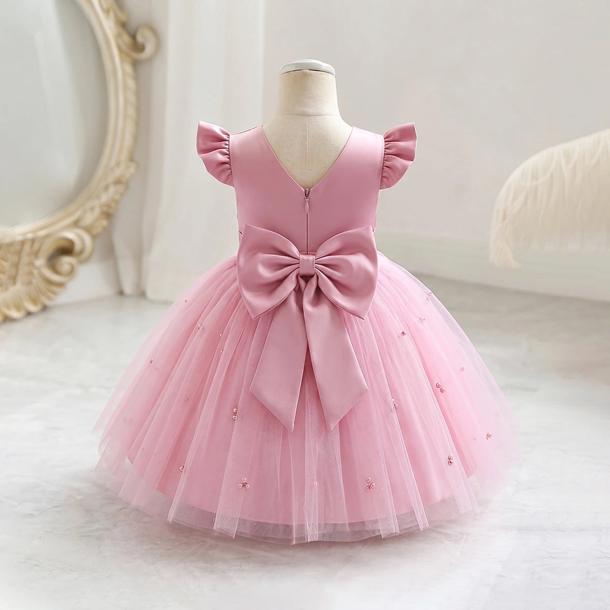 Girls Pink Pearl-Embellished Flutter Sleeve Fit & Flare Dress Casual Dresses