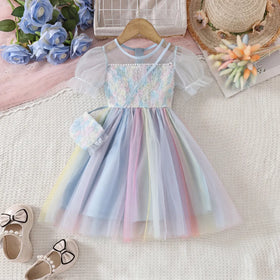 Girls Light Blue Tulle Overlay Fit And Flare Dress With Puff Sleeves Casual Dresses Light Blue 3-4 Y