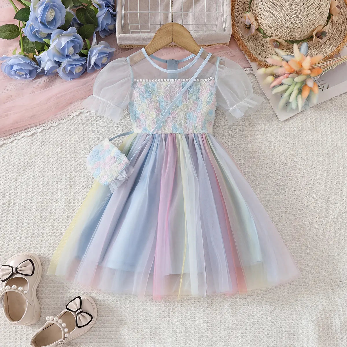 Girls Light Blue Tulle Overlay Fit And Flare Dress With Puff Sleeves Casual Dresses Light Blue 3-4 Y