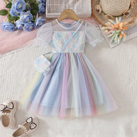 Girls Light Blue Tulle Overlay Fit And Flare Dress With Puff Sleeves Casual Dresses Light Blue 3-4 Y