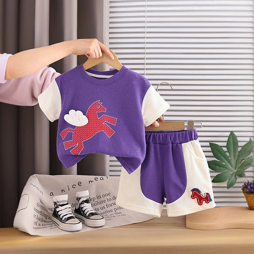 Boys Purple Horse Cartoon Print T-Shirt & Shorts Co-ord Sets Sets Purple 1-2 Y