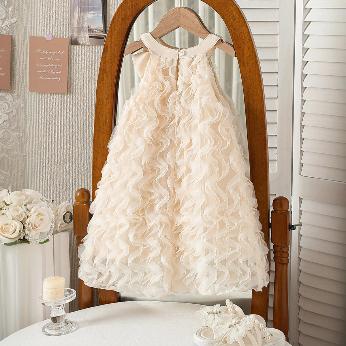 Girls Cream Bow Applique Ruffled Sleeveless A-Line Dress Casual Dresses