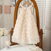Girls Cream Bow Applique Ruffled Sleeveless A-Line Dress Casual Dresses