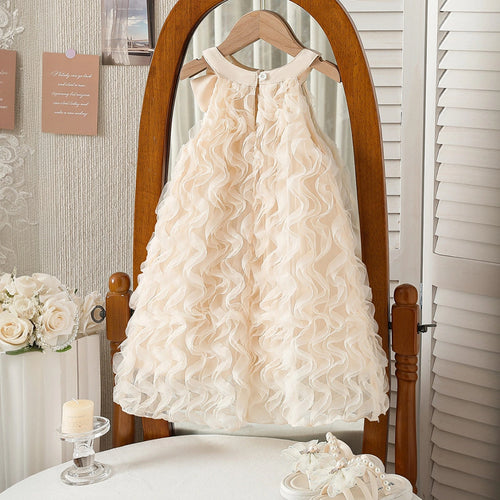 Girls Cream Bow Applique Ruffled Sleeveless A-Line Dress Casual Dresses