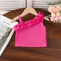 Girls Fuchsia One Shoulder Ruffled Top With DIstressed Denim Shorts Sets