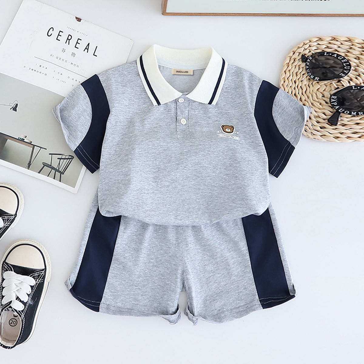 Boys Grey Color-blocked Short Sleeves Polo T-Shirt With Shorts Set 2 pc. Sets Grey 1-2 Y