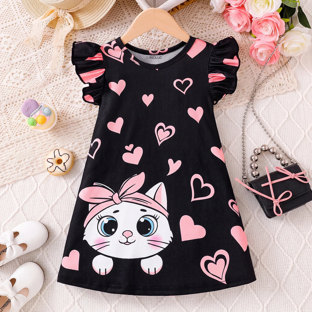 Girls Black Heart Print Flutter Sleeve A-line Dress Casual Dresses Black 3-4 Y