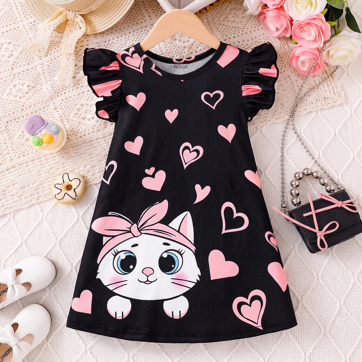 Girls Black Heart Print Flutter Sleeve A-line Dress Casual Dresses Black 3-4 Y