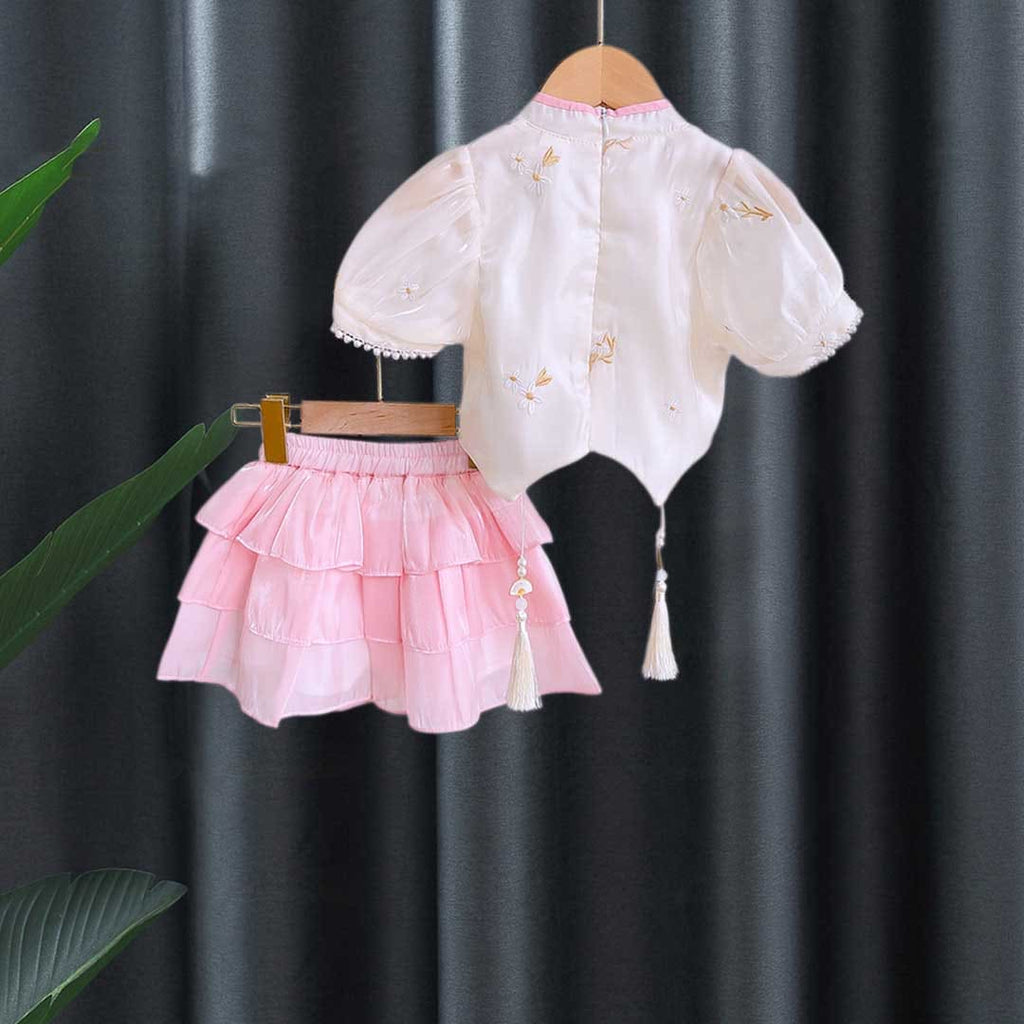 Girls Short Sleeve Floral Embroidery Top With Skirt