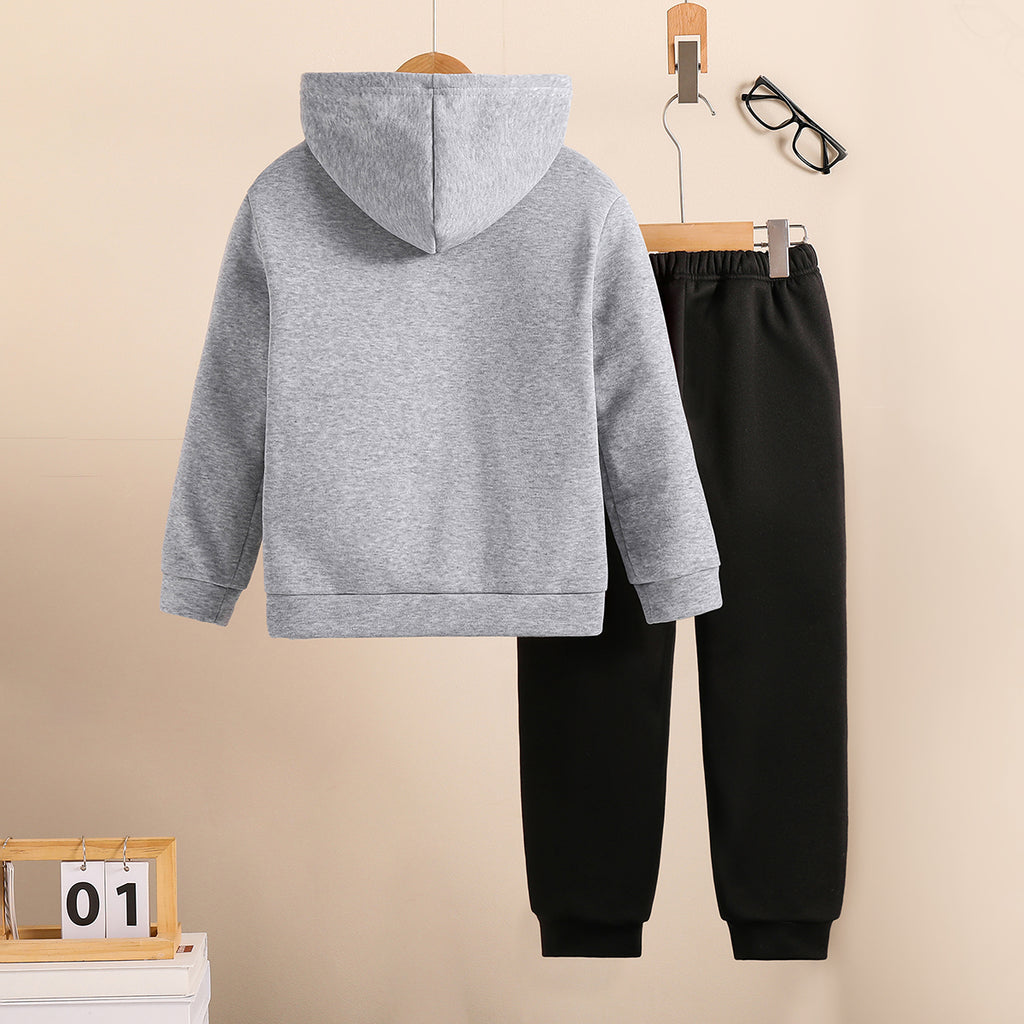 Boys Grey Melange Printed Hooded Sweatshirt with Joggers Set Sets