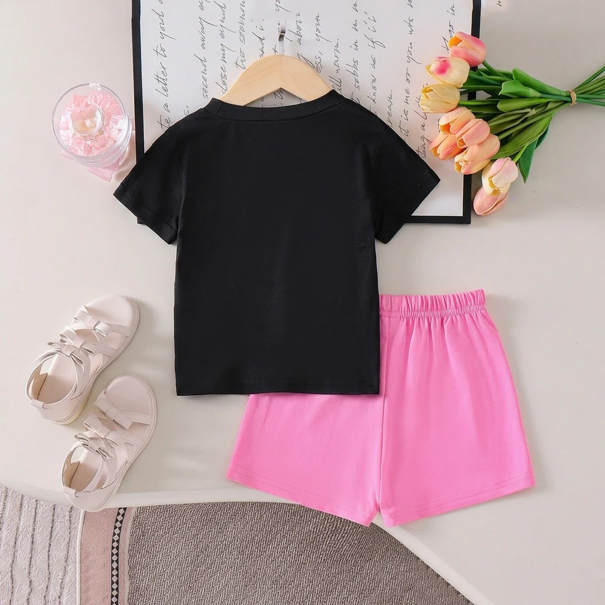 Girls Black Typographic Print Short Sleeve T-Shirt With Shorts Sets 2 pc. Sets