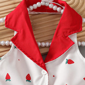 Girls White Strawberry Printed Sleeveless A-line Dress Casual Dresses