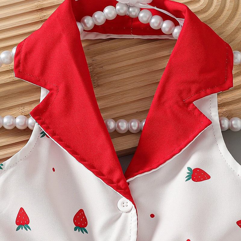 Girls White Strawberry Printed Sleeveless A-line Dress Casual Dresses