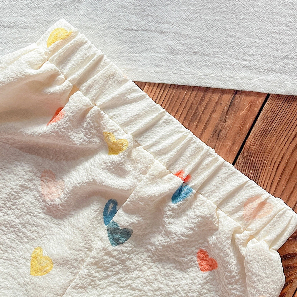 Girls Cream Heart Printed Sleeveless Top With Elasticated Shorts Sets 2 pc. Sets