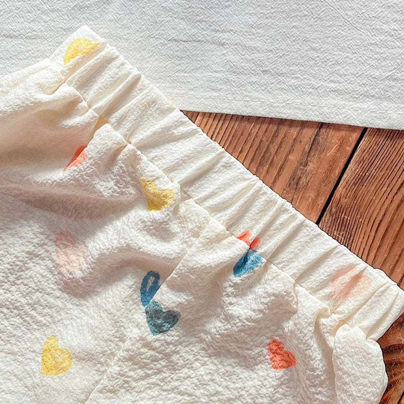 Girls Cream Heart Printed Sleeveless Top With Elasticated Shorts Sets 2 pc. Sets