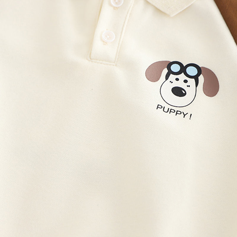 Boys Brown Puppy Cartoon Printed Winter Polo Sweatshirt With Pants Set 2 pc. Sets