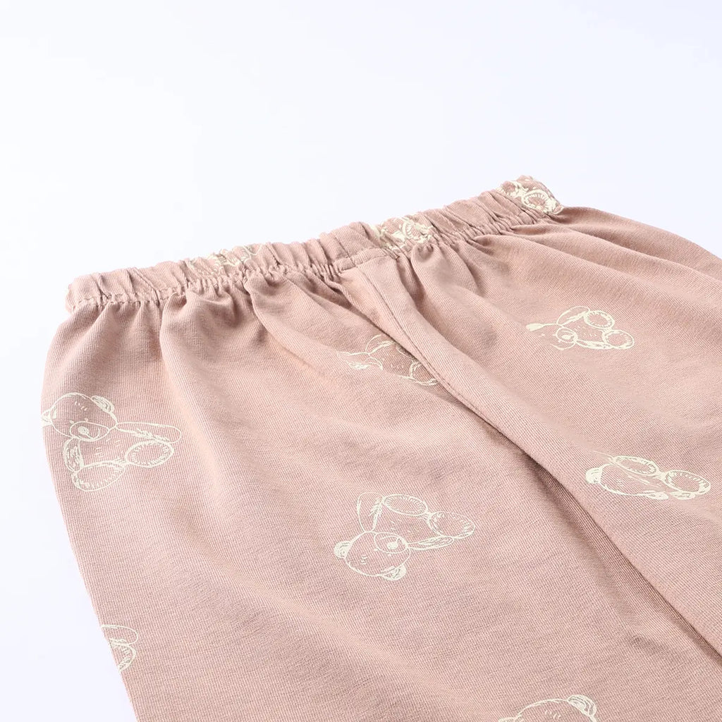 Girls Light Brown Teddy Bear Printed Short Sleeve Shirt With Elasticated Pyjama Sets Sets