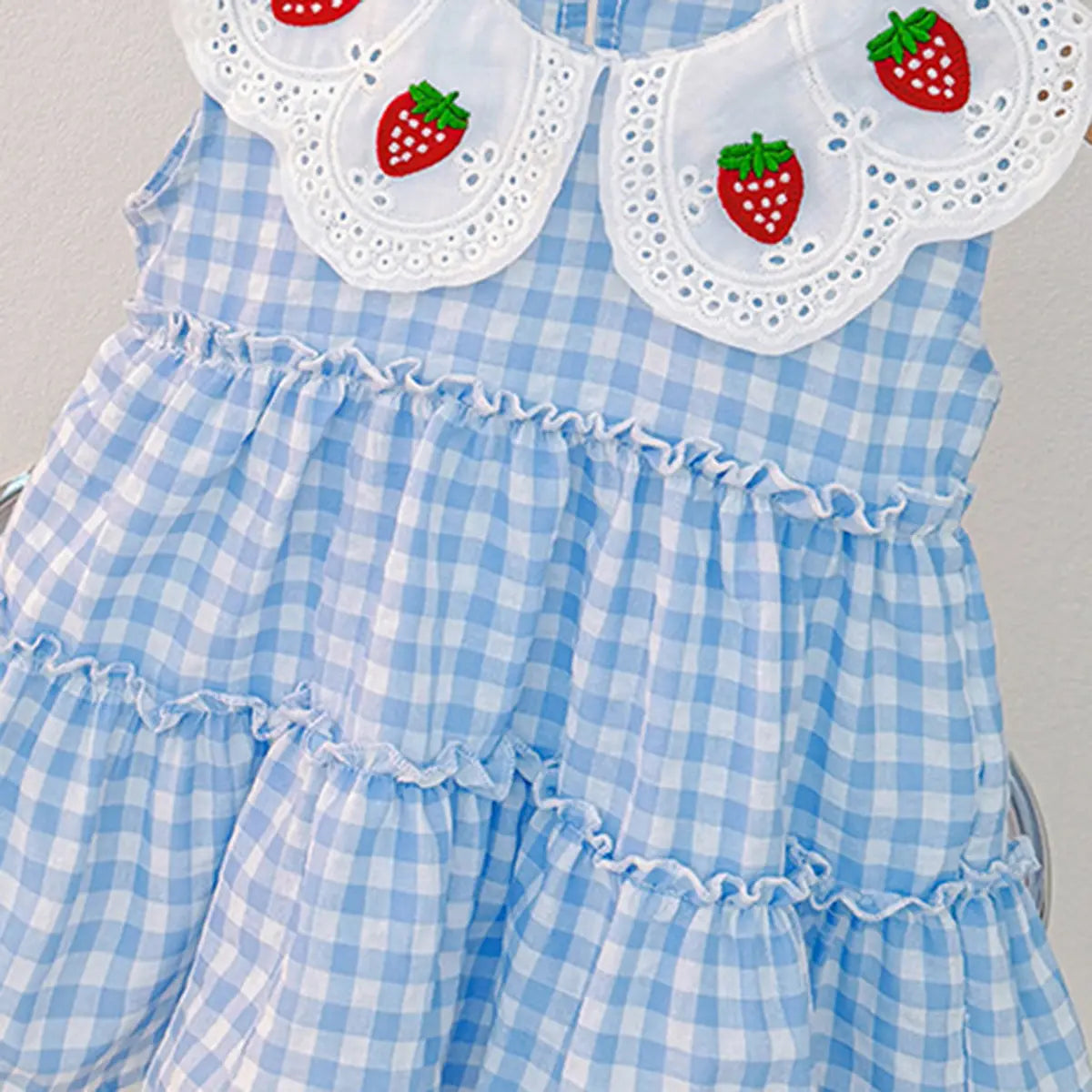 Girls Blue Checked Strawberry Applique Sleeveless Tiered Dress Casual Dresses
