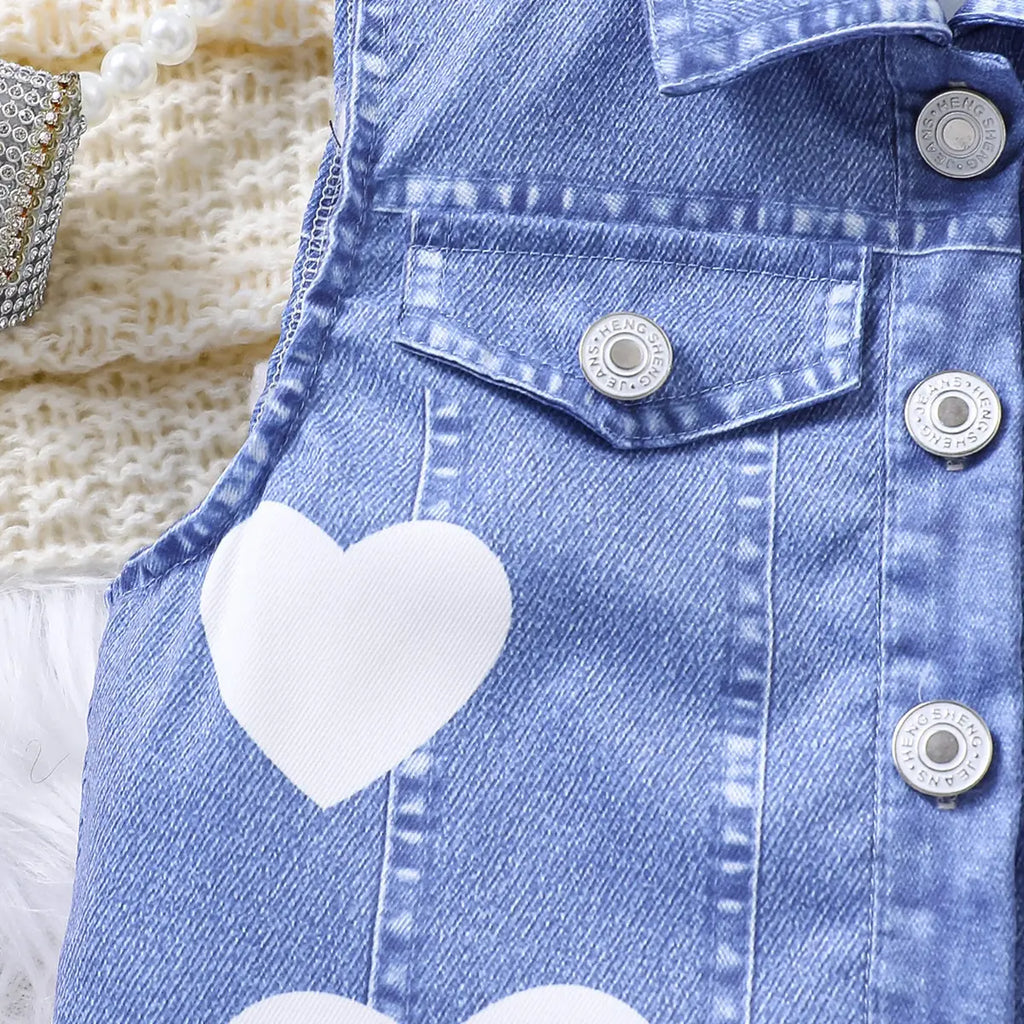 Girls Blue Heart Printed Faux Denim Vest & Pants With Long Sleeves Top Sets Sets