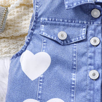Girls Blue Heart Printed Faux Denim Vest & Pants With Long Sleeves Top Sets Sets