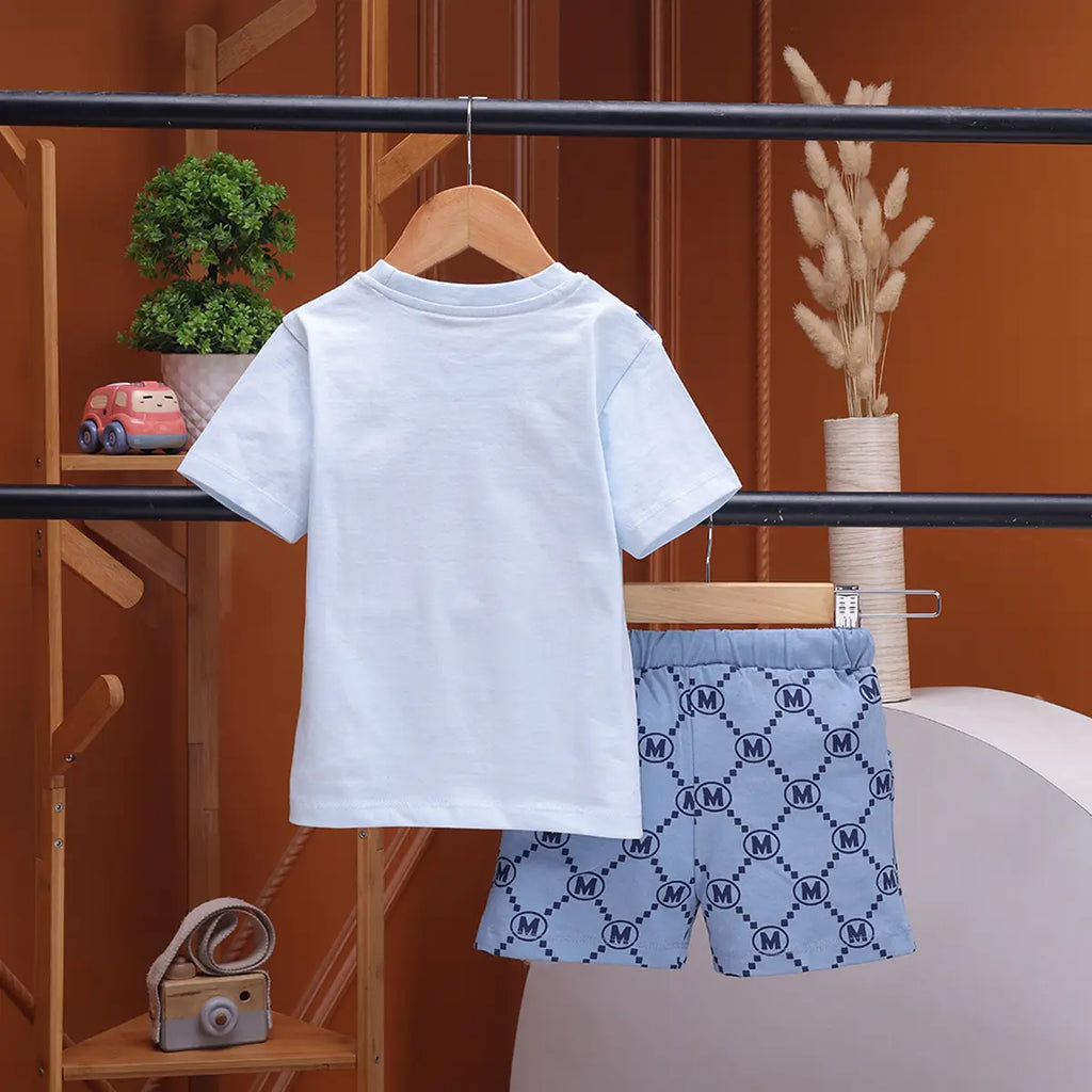 Boys Light Blue Graphic Printed Short Sleeve T-Shirt With Shorts Sets 2 pc. Sets