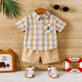Boys Khaki Checked Short Sleeves Shirt With Shorts Sets Sets Khaki 1-2 Y