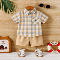 Boys Khaki Checked Short Sleeves Shirt With Shorts Sets Sets Khaki 1-2 Y
