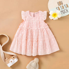 Girls Pink Floral Print Bunny Ear Applique Tiered Dress Casual Dresses Pink 1-2 Y