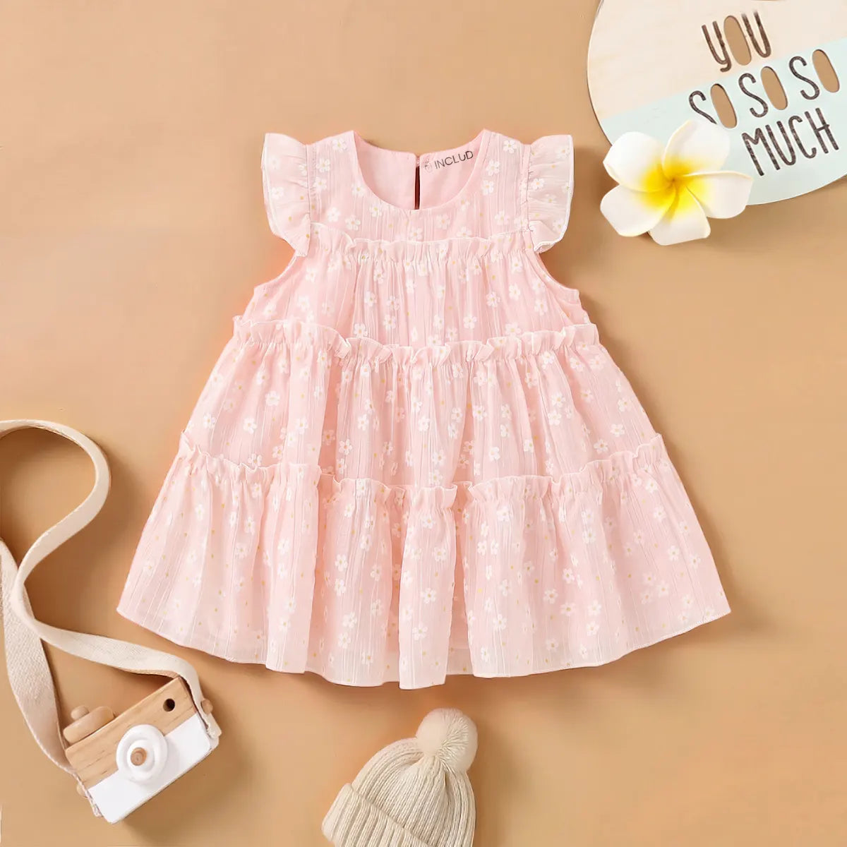 Girls Pink Floral Print Bunny Ear Applique Tiered Dress Casual Dresses Pink 1-2 Y