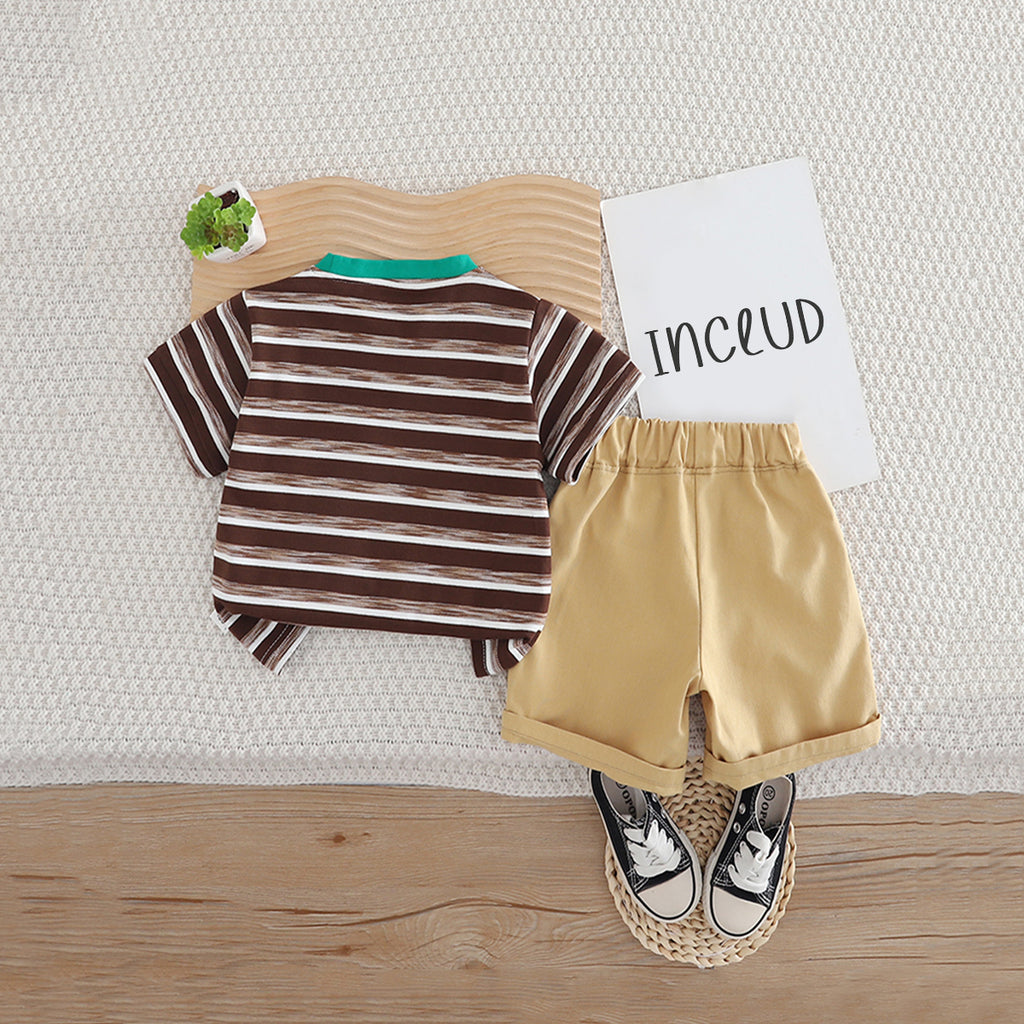 Boys Brown Striped Triangular Patch Pocket T-Shirt With Khaki Shorts Set 2 pc. Sets