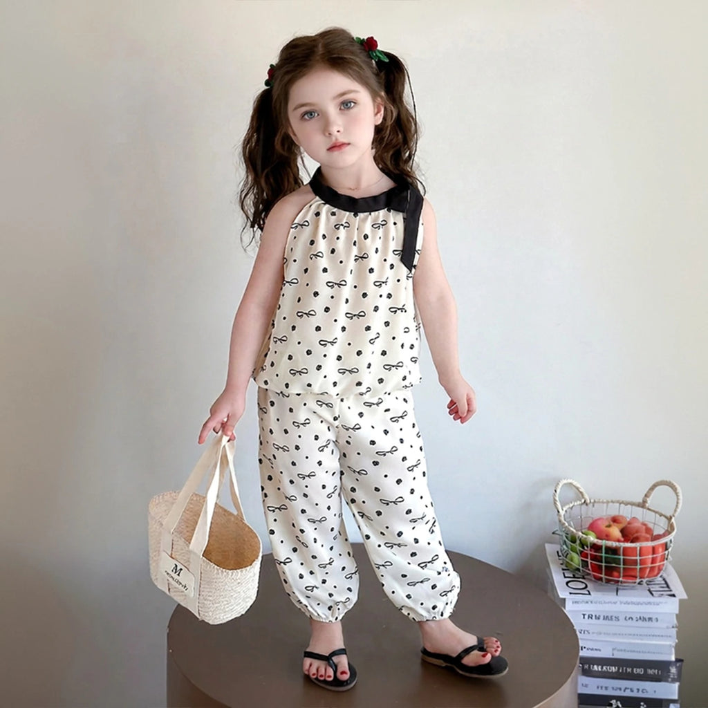 Girls Cream Bow Print Sleeveless Top With Elasticated Pants Sets Sets Cream 1-2 Y