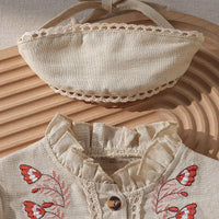 Girls Beige Floral Embroidered Fit & Flare Dress With Puff Sleeves Casual Dresses