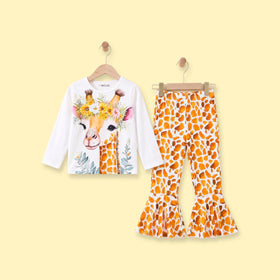 Girls White Giraffe Print T-Shirt With Flared Pants Sets 2 pc. Sets White 2-3 Y