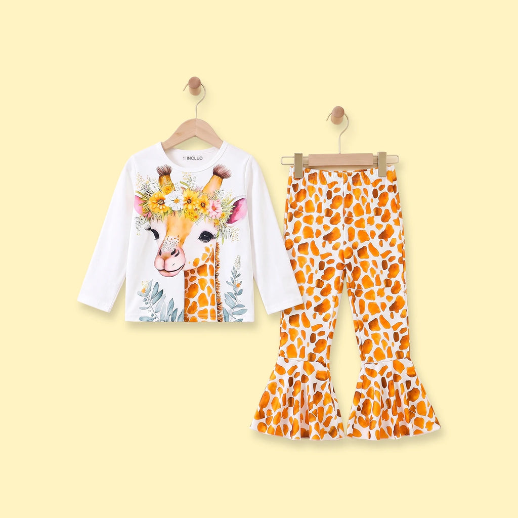 Girls White Giraffe Print T-Shirt With Flared Pants Sets 2 pc. Sets White 2-3 Y