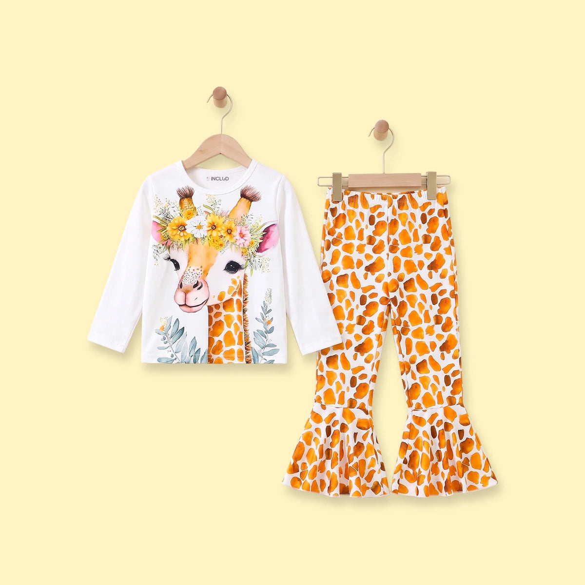 Girls White Giraffe Print T-Shirt With Flared Pants Sets 2 pc. Sets White 2-3 Y